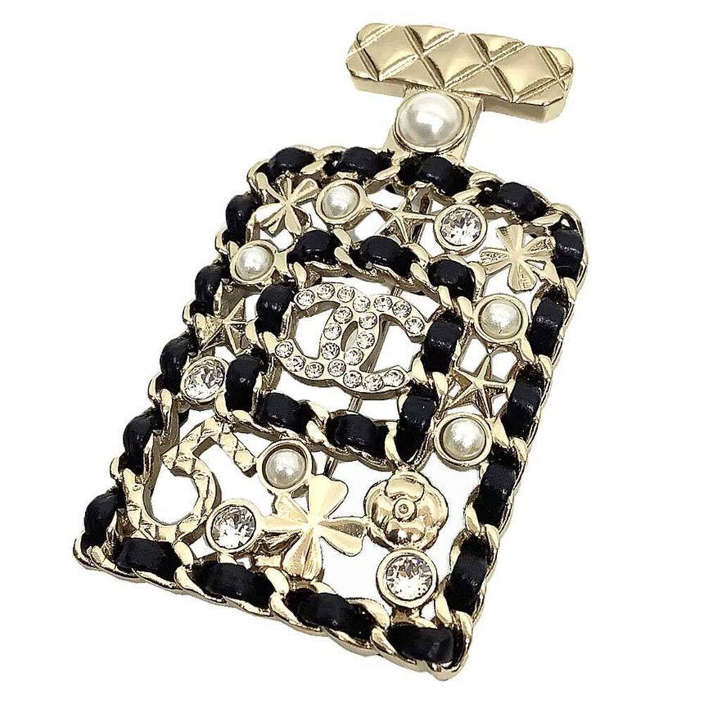 CHANEL Black Pearl Leather Logo Brooch